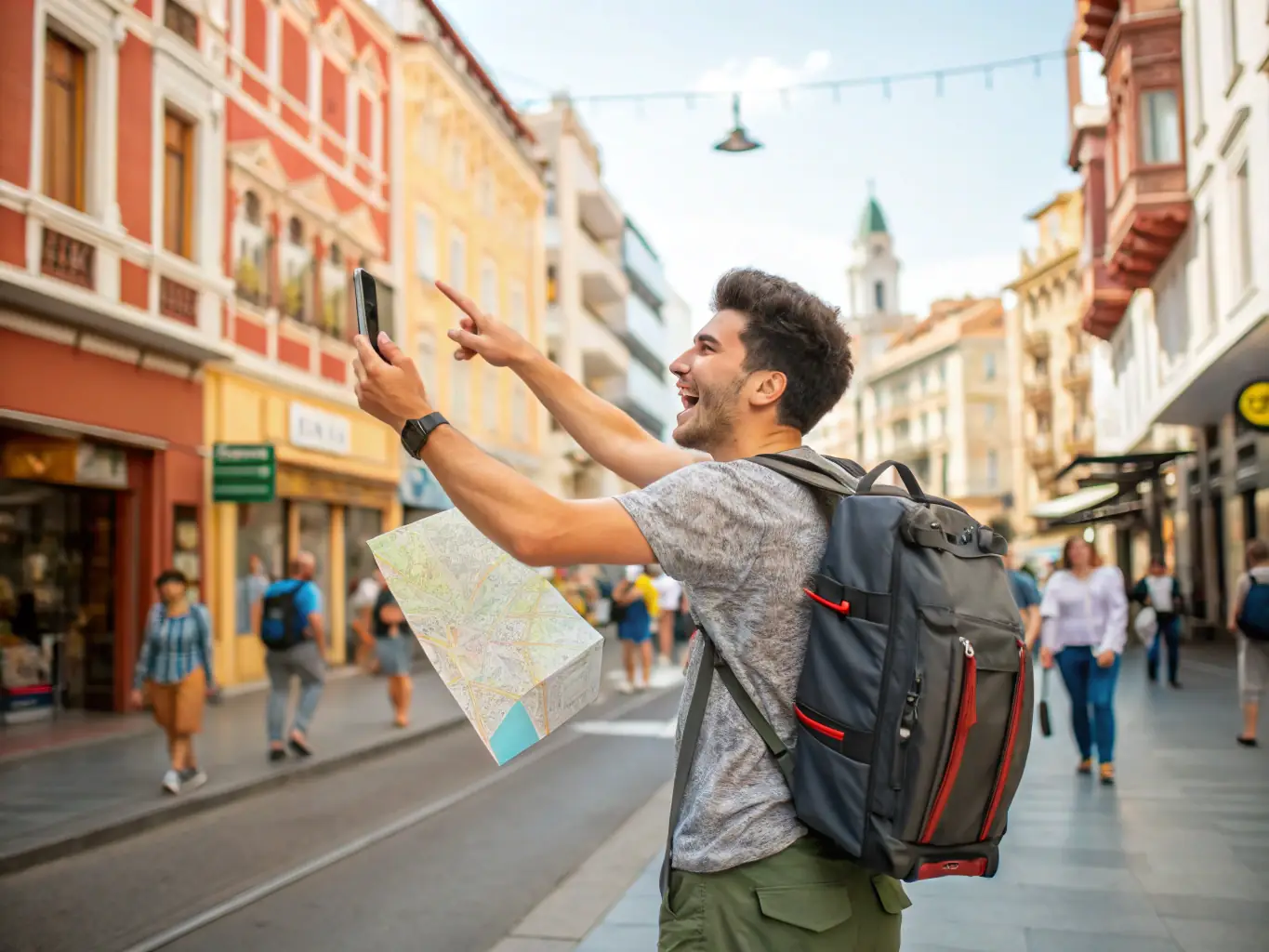 A traveler using a smartphone to navigate a map app in a bustling Chilean city, showcasing the convenience of unlimited data for real-time navigation.