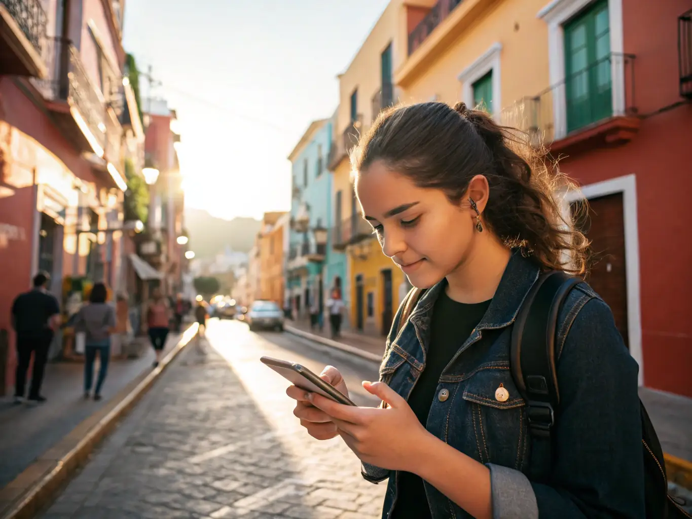 A traveler sharing photos and videos on social media from a picturesque spot in Chile, emphasizing the advantage of unlimited data for social sharing.